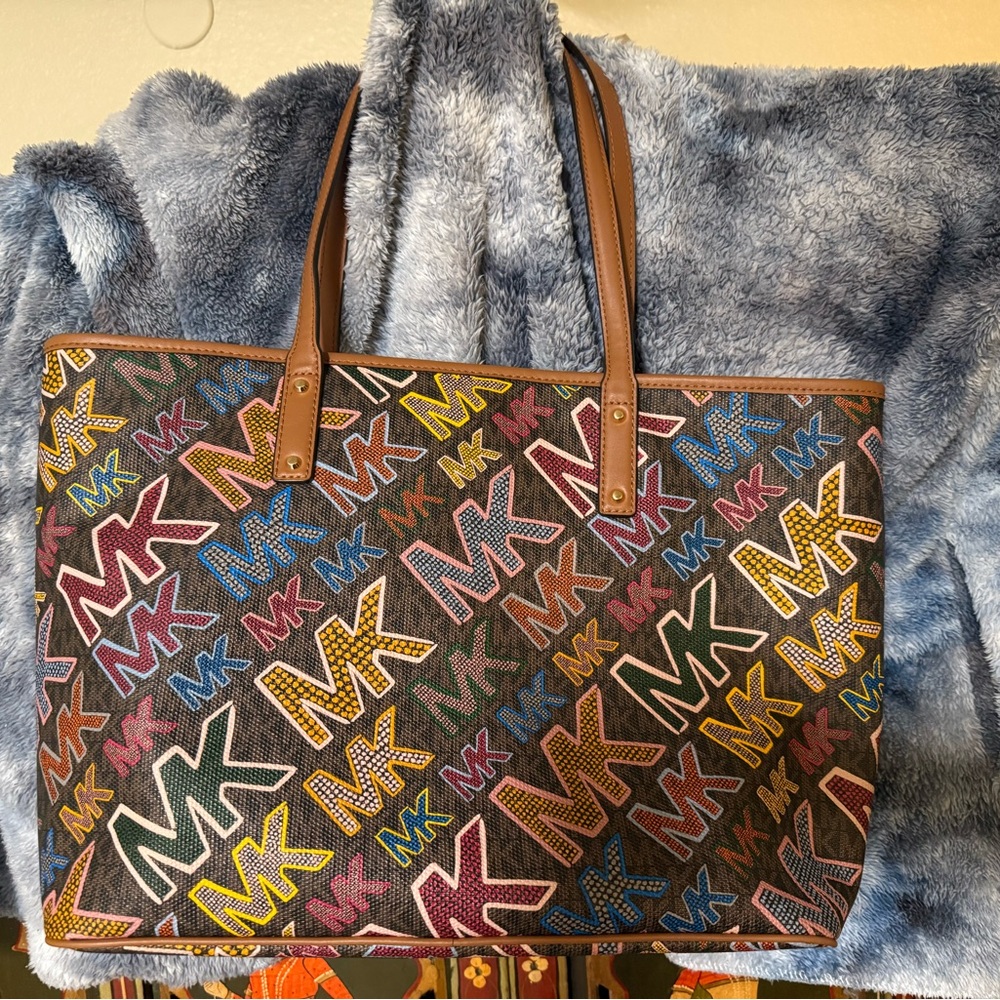 Michael Kors Multicolor MK Print Tote with Brown Leather Trim + wristlet wallet
